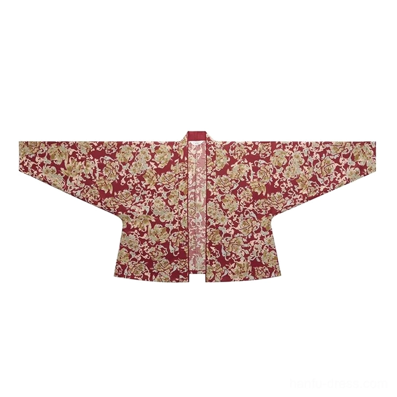 Wine red Song Dynasty Hanfu winged-sleeve cross-collar top with gold floral pattern and cropped silhouette
