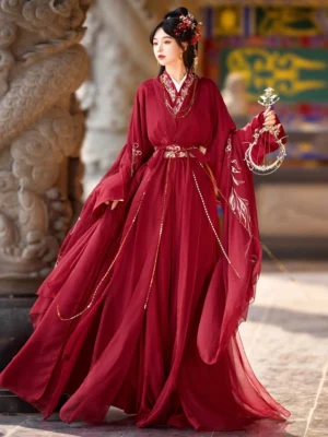 Wine red Wei Jin Dynasty Qiyao Ruqun Hanfu full set with gold phoenix embroidery, flowing chiffon sleeves, beaded waist tassels and traditional Chinese courtyard styling