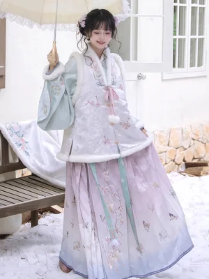Winter Ming Dynasty Hanfu outfit with embroidered bijia vest pipa sleeves mamian skirt and lace parasol in snow