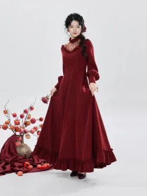 Burgundy Chinese New Year dress with embroidered stand collar, long bishop sleeves, fitted waist and floor-length skirt
