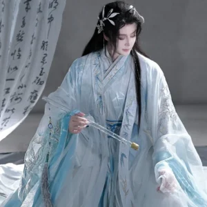 Men’s light cyan and blue cross-collar hanfu with sheer flowing outer coat bamboo embroidery and embroidered waist sash