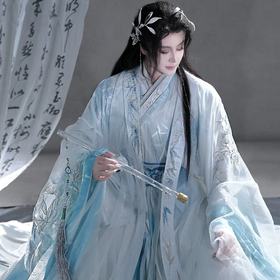 Men’s light cyan and blue cross-collar hanfu with sheer flowing outer coat bamboo embroidery and embroidered waist sash