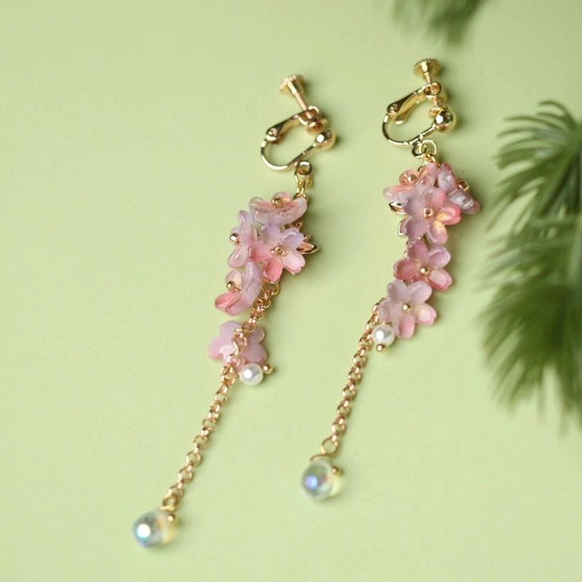 Comfort clip on Chinese wisteria flower earrings with pink gradient blossom clusters, gold tone chains, pearls and iridescent pendants