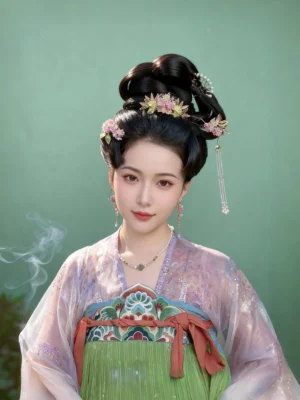 Model wearing pink wisteria flower drop earrings with Tang style ruqun Hanfu and matching floral hair accessories in a Chinese inspired studio