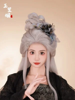 Woman wearing a black Hanfu outfit and silver gray updo with Witch Hour Hanfu hair accessories, blue butterfly flower hair clip, and traditional Chinese hair comb