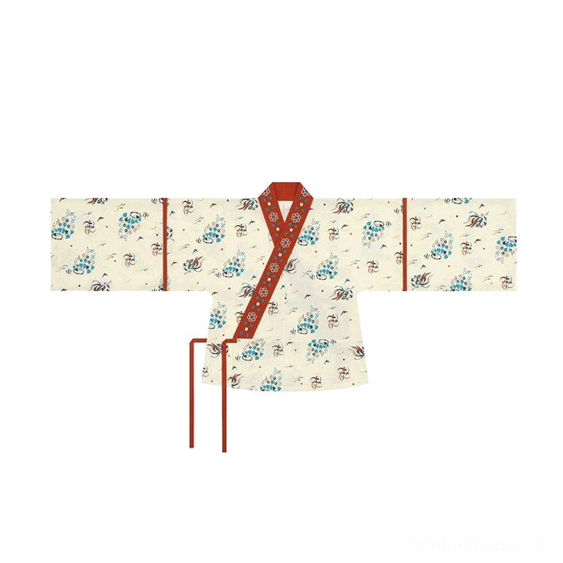 Flat lay of a beige printed women’s Hanfu cross-collar outer jacket with blue floral motifs, reddish-brown collar trim, and traditional tying straps