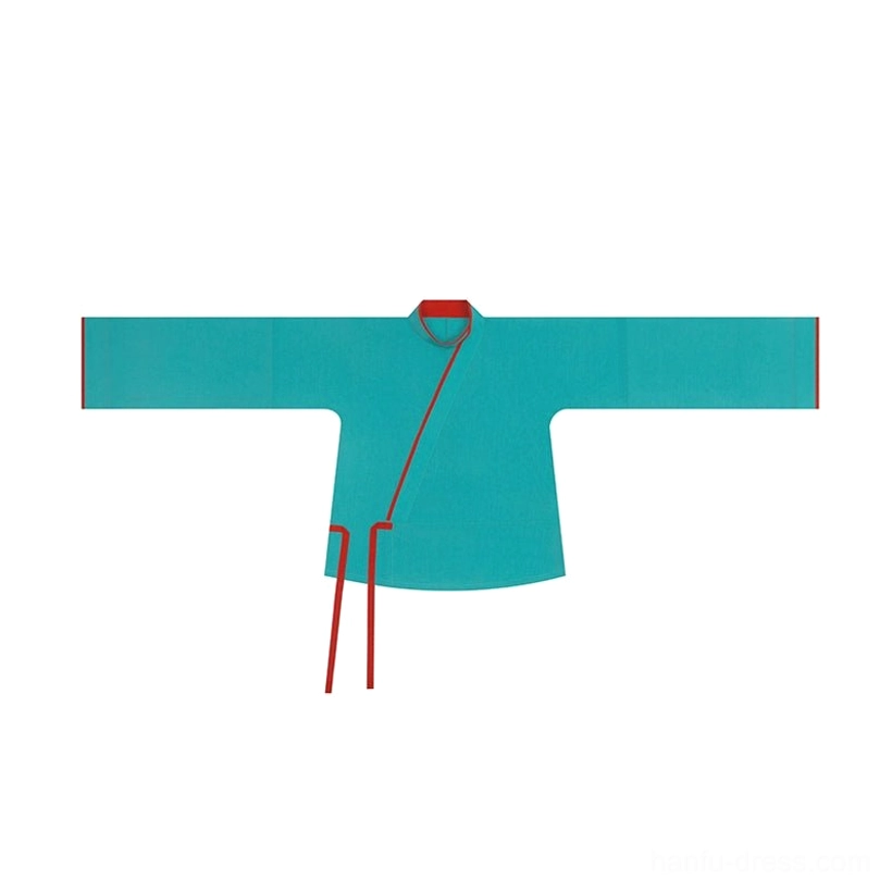 Flat lay of a solid teal women’s Hanfu curved-collar inner top with contrasting red collar trim and decorative tying strings