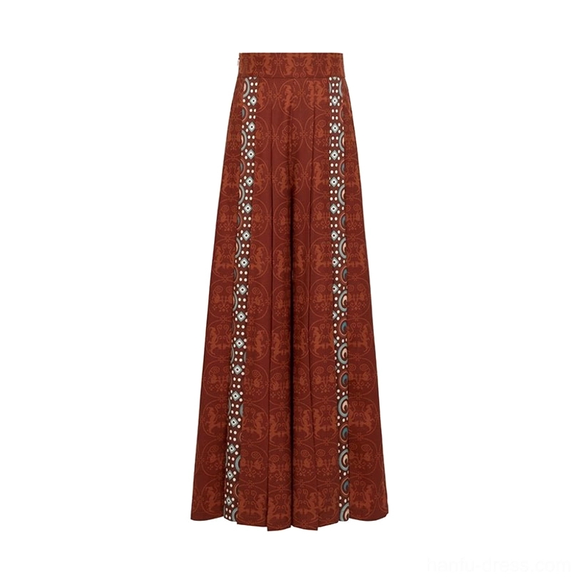 Flat lay of high-waisted reddish-brown women’s Hanfu wide-leg pants with full-length cut and ethnic-inspired geometric side trims