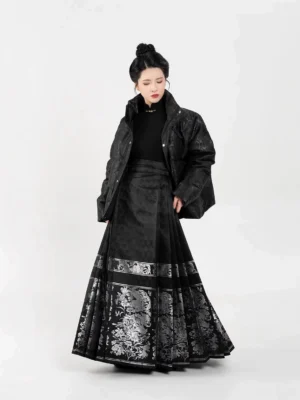 Front view of a solid black women's Chinese-style puffer coat with tonal jacquard texture, stand collar, wide sleeves, and Mamian skirt styling