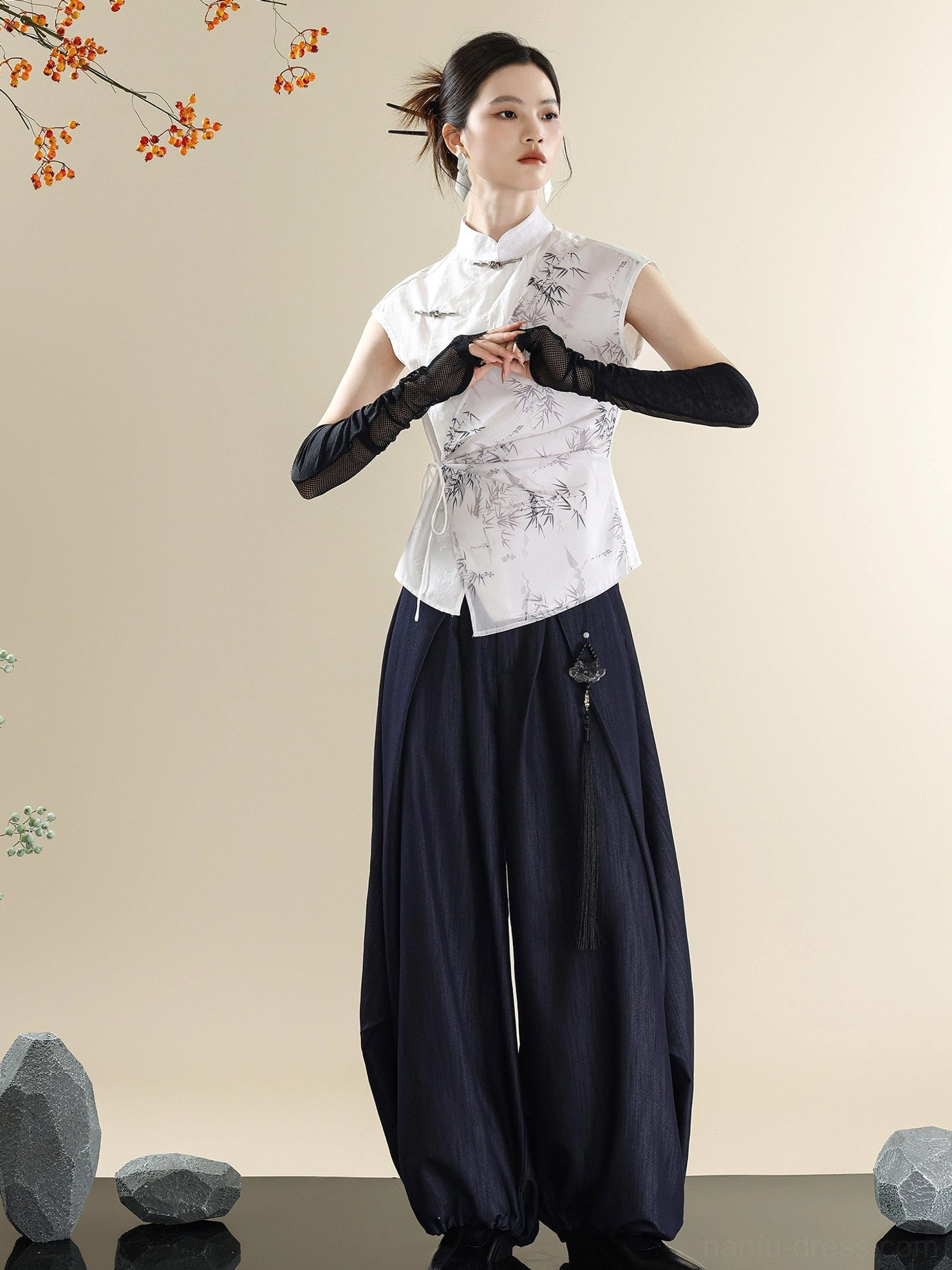 Women's modern Hanfu full set with white ink bamboo sleeveless top and dark navy denim lantern pants