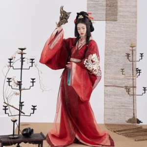 Women’s red Han Dynasty Hanfu straight-hem robe set with sheer flowing fabric, white cloud embroidery, layered collar, wide sleeves, and floor-length hem