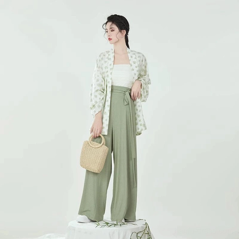 Complete Wrapped Leaves Song Dynasty modern Hanfu set with leaf-print winged sleeve top, camisole, and sage green wide-leg pants