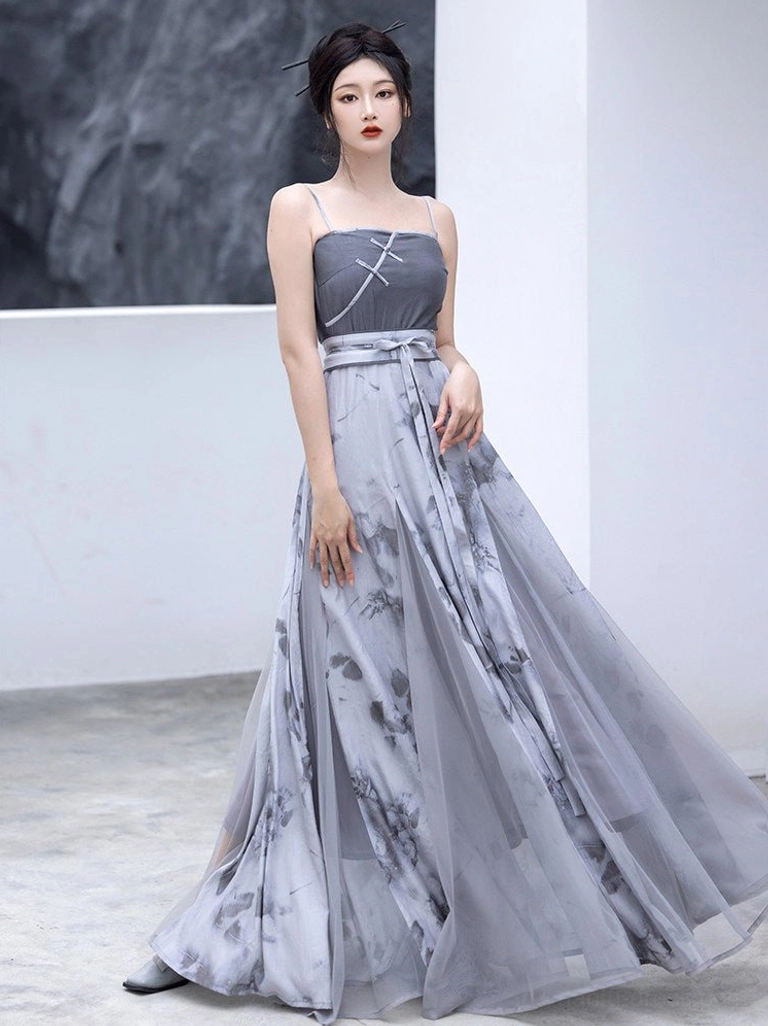 Wuji ink floral slip dress with dark contrast bodice frog fastenings and long A-line skirt