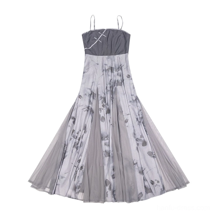 Wuji modern hanfu standalone spaghetti strap slip dress with ink floral chiffon maxi skirt flat lay