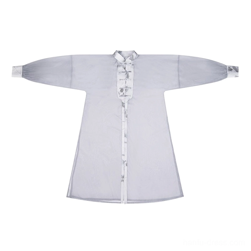 Wuji modern hanfu standalone sheer long robe with stand collar frog closures lantern sleeves and sash
