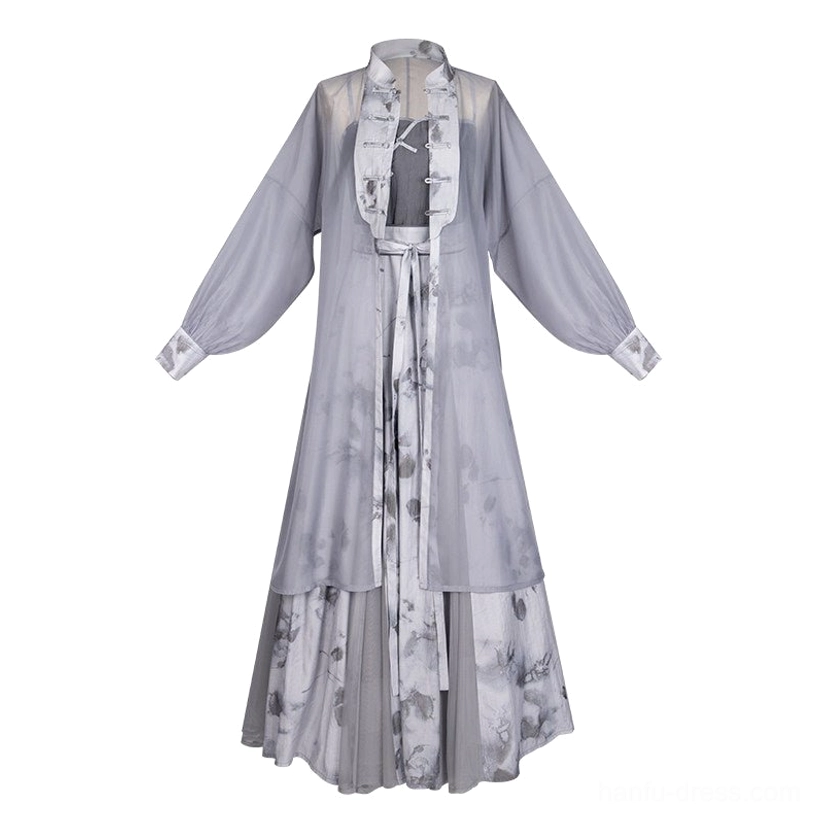 Wuji modern hanfu full set sheer robe and matching ink floral slip dress with waist sash flat lay