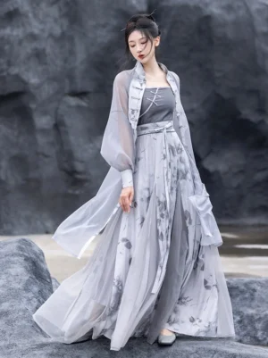 Wuji modern hanfu sheer robe and ink floral slip dress full set shown in side profile outdoors