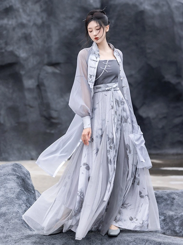 Wuji modern hanfu sheer robe and ink floral slip dress full set shown in side profile outdoors