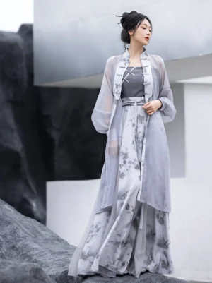Wuji modern hanfu robe and slip dress set with frog buttons and flowing ink floral chiffon layers
