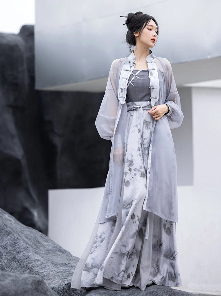 Wuji modern hanfu robe and slip dress set with frog buttons and flowing ink floral chiffon layers