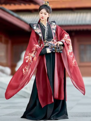 Black and wine red wuxia hanfu set for men and unisex Chinese fantasy costume with embroidered wide sleeves, sheer chiffon outer robe, decorative waist seal, and traditional Chinese courtyard background