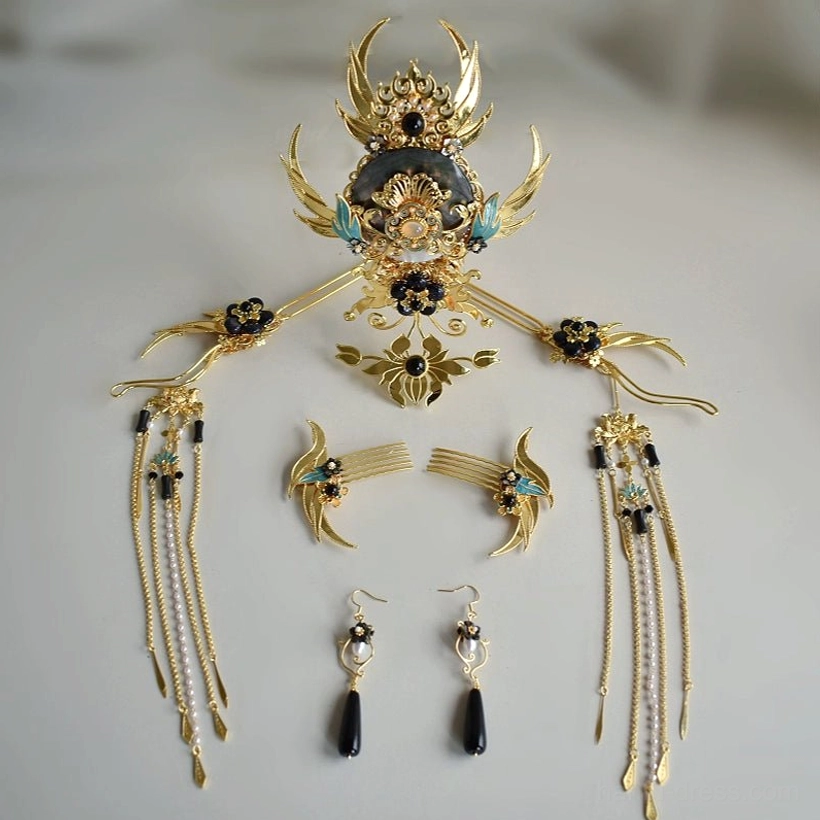 Full Xi Wei Hanfu hair accessories complete set flat lay including gold and blue crown, hairpins, hair combs, tassel ornaments and matching earrings