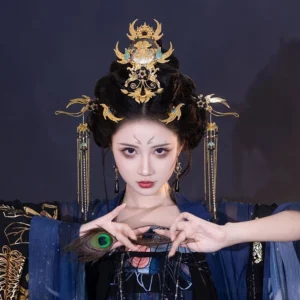 Xi Wei complete gold and blue Hanfu hair accessories set worn with dark blue traditional Chinese Hanfu, featuring crown, tassel hairpins and ornate side ornaments