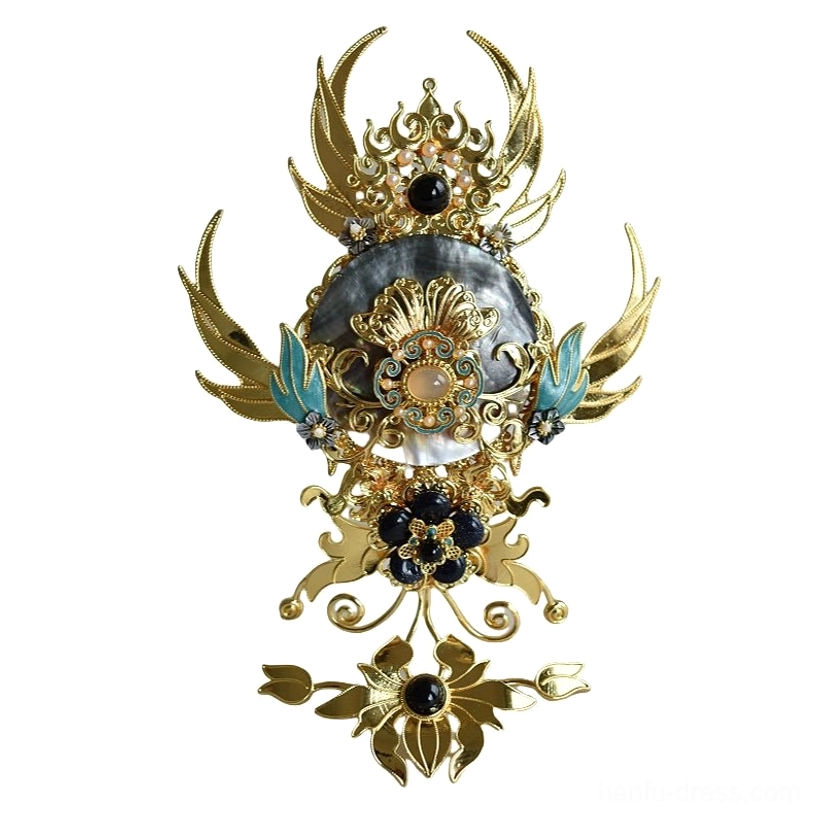 Front flat lay of Xi Wei main Hanfu hair crown with symmetrical gold-tone floral ornament, dark beads, pearl-style details and blue accents
