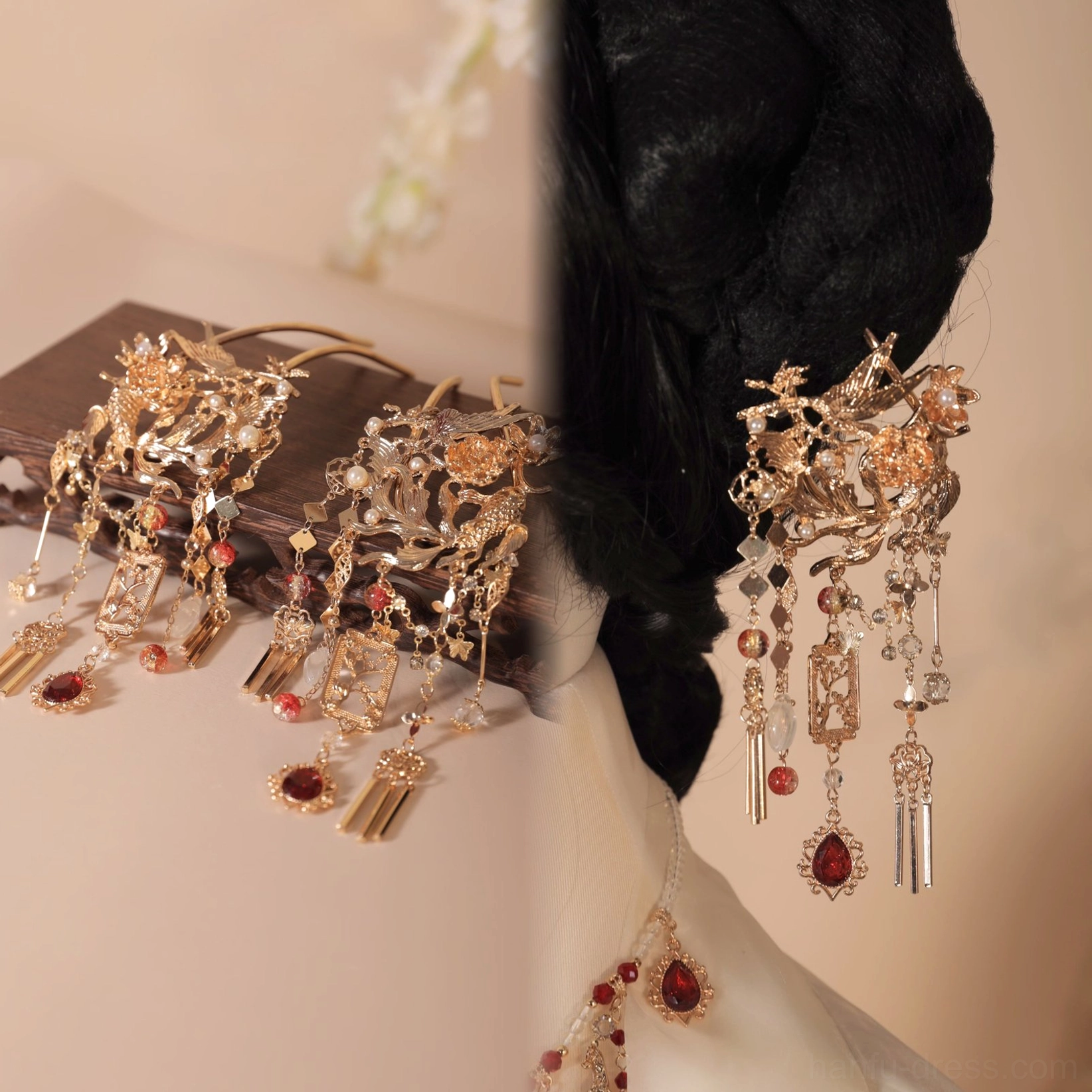 Traditional Chinese hair accessory set showing matching Xianglian Hanfu hair pins with gold openwork design, burgundy gemstone ornaments, and elegant metal tassel pendants