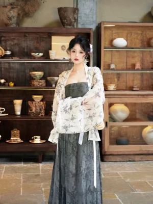 Close front view of bamboo print wide sleeve cardigan and square neckline dark dress in Wei Jin inspired modern Hanfu outfit