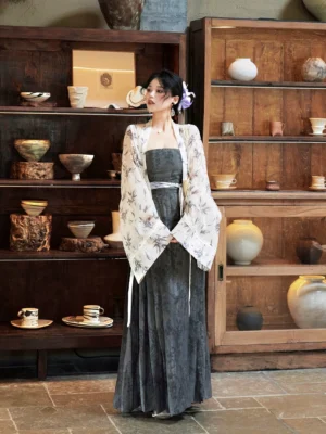 Full front view of Xiaoxiang Bamboo Wei Jin inspired modern Hanfu summer dress set with bamboo print cardigan and dark flowing dress