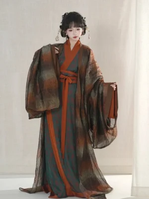 Yao Ling Warring States straight hem Hanfu robe with dark green inner layer, mottled sheer outer robe, rust trim, wide sleeves and traditional Chinese hair ornaments