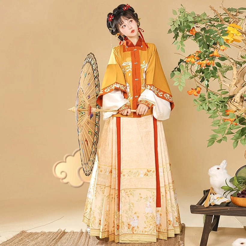 Yellow and cream Ming Dynasty Hanfu Money Rabbit square collar jacket and printed mamian skirt full outfit