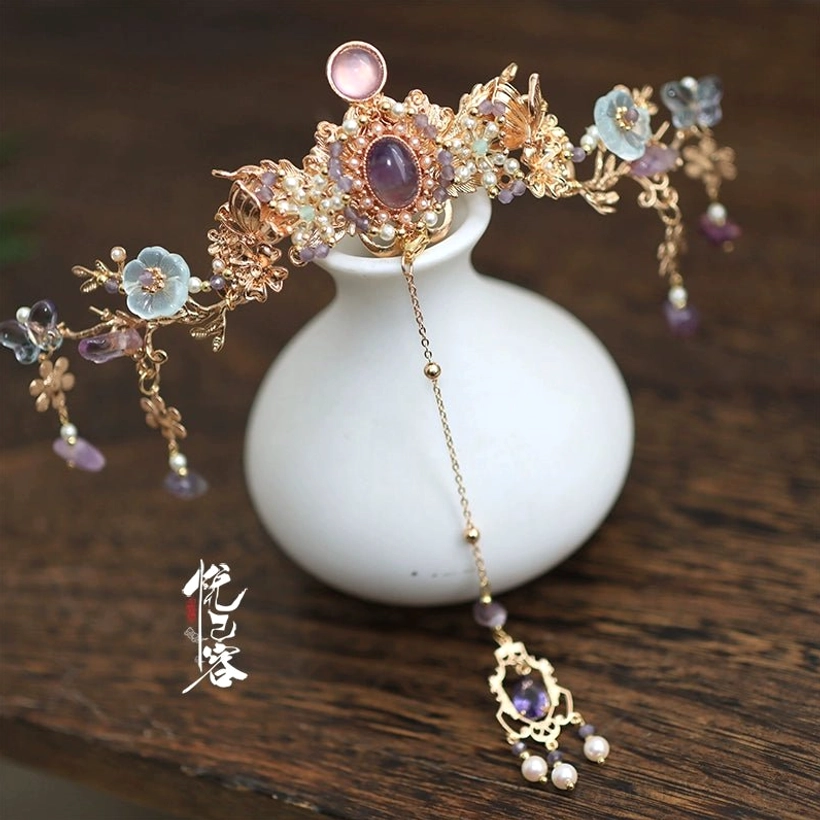Yexian gold tone Hanfu forehead crown with pink purple blue floral accents pearl beads and dangling tassels