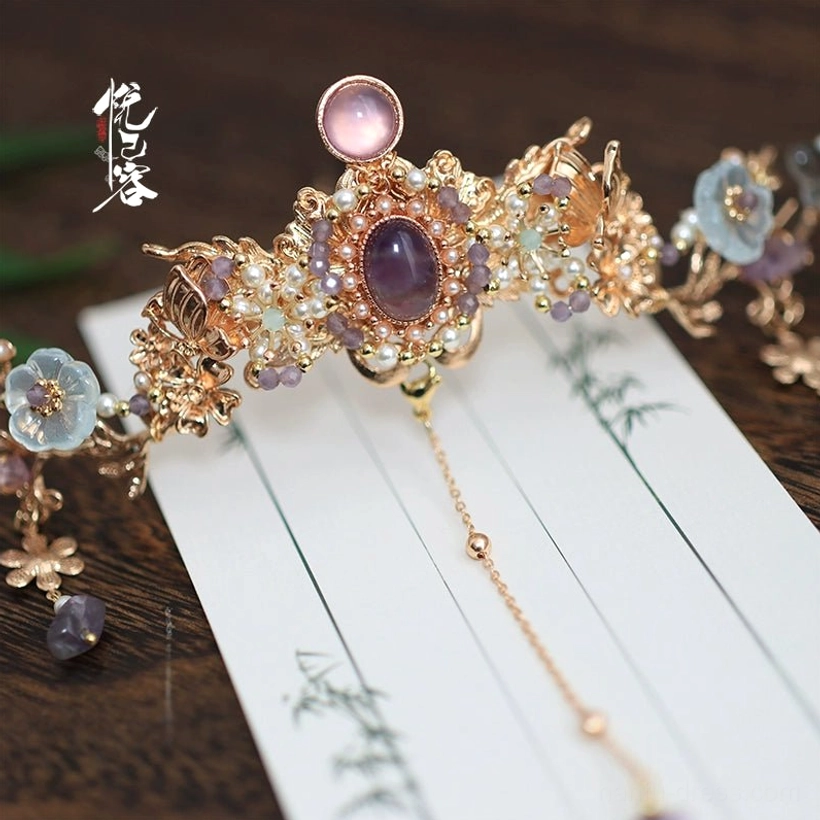 Side view of Yexian gold tone Hanfu hair crown with floral gemstone details dangling chain and tassel pendants