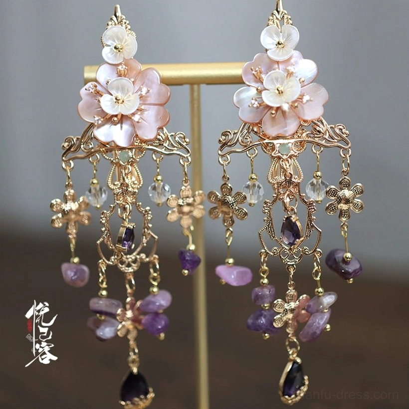 Pair of Yexian Hanfu floral side hair clips with gold tone frames purple bead tassels and teardrop pendants