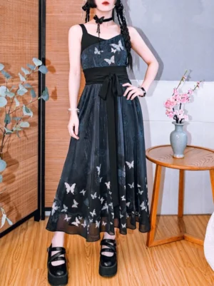 Front view of Yin Dieyin modern Hanfu sleeveless butterfly print camisole midi dress with black waist sash and bow