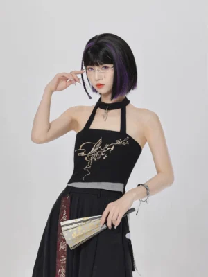 Yinglong modern Hanfu black halter camisole with golden Chinese dragon embroidery, gray waist color block, metal neckline pendant, and fantasy-inspired styling