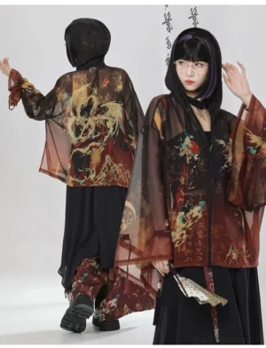 Front and back views of modern Hanfu models wearing a sheer hooded Chinese-style sunscreen shirt with a gilt Yinglong dragon print and matching pants
