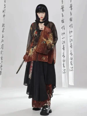 Full-body front view of a woman wearing a dark Yinglong modern Hanfu hooded dragon print shirt with sheer wide sleeves and matching wide-leg pants