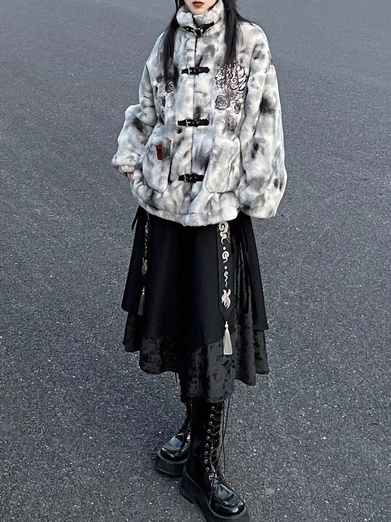 Yinhu Tiger modern Hanfu faux fur jacket styled with a flowing dark embroidered skirt and black lace-up combat boots, showing grey tie-dye plush fabric, buckle closure, chest embroidery, and patch pockets