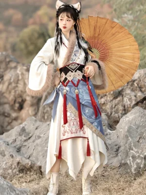 Yuanshan Yin fantasy modern Hanfu swordswoman costume with cross-collar top, wide fuzzy sleeves, patterned skirt panels and decorative waist seal