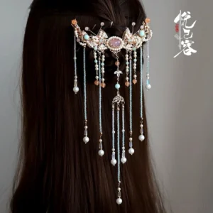 Yun Luo Yi purple gemstone beaded tassel Hanfu back hair pin shown in a rear hairstyle view