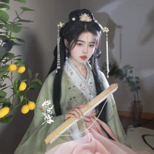 Model wearing Yun Yan Ji Chinese Hanfu hair accessories with a decorative crown, side hairpins, and long pearl tassels styled with a green and pink Song-style Hanfu outfit