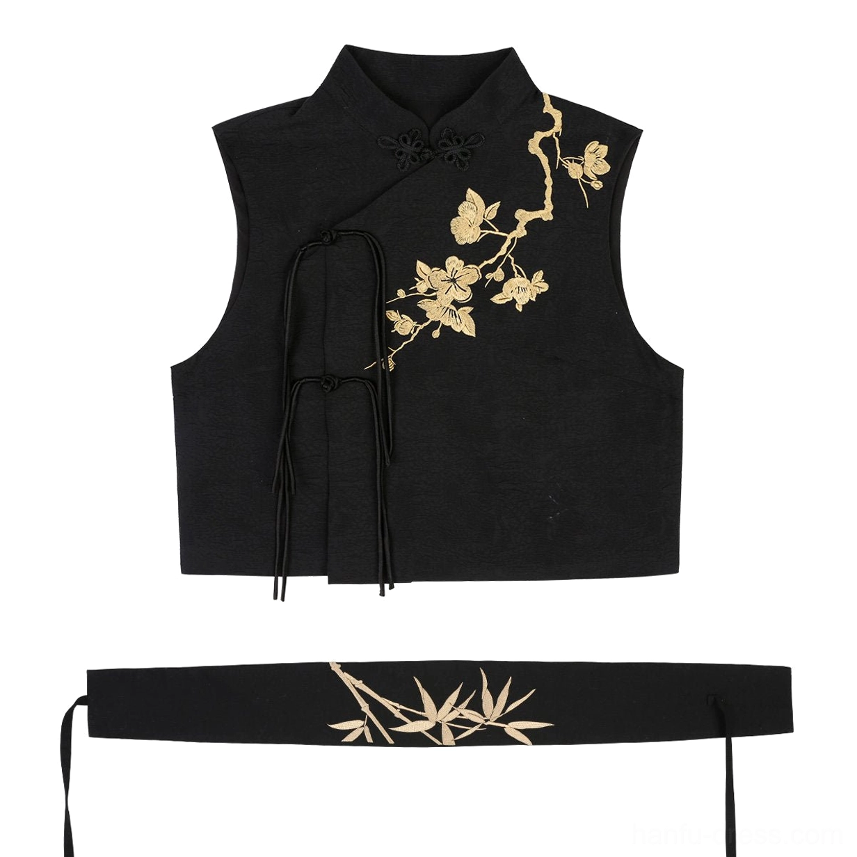 Black Yunshan Hanfu stand-collar embroidered vest with golden floral motifs, front tassel ties and matching bamboo embroidered waist sash