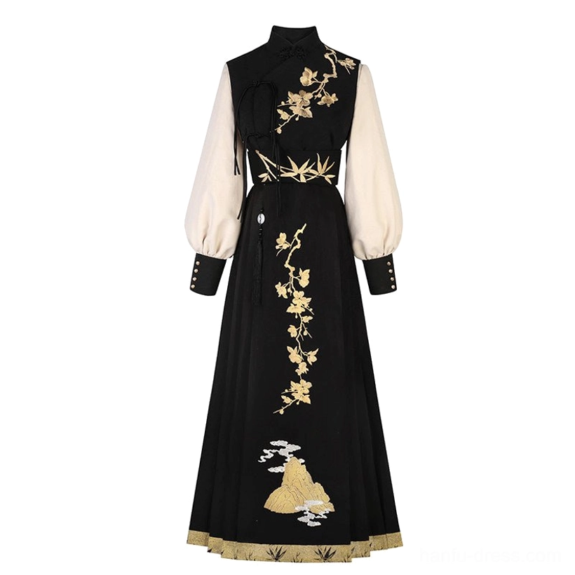 Flat lay of Yunshan modern Hanfu full set including ivory lantern sleeve top, black gold embroidered vest and matching accessories