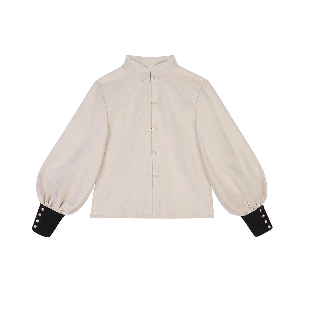 Ivory stand-collar lantern sleeve long sleeve top for Yunshan modern Hanfu set with black contrast cuffs and button details