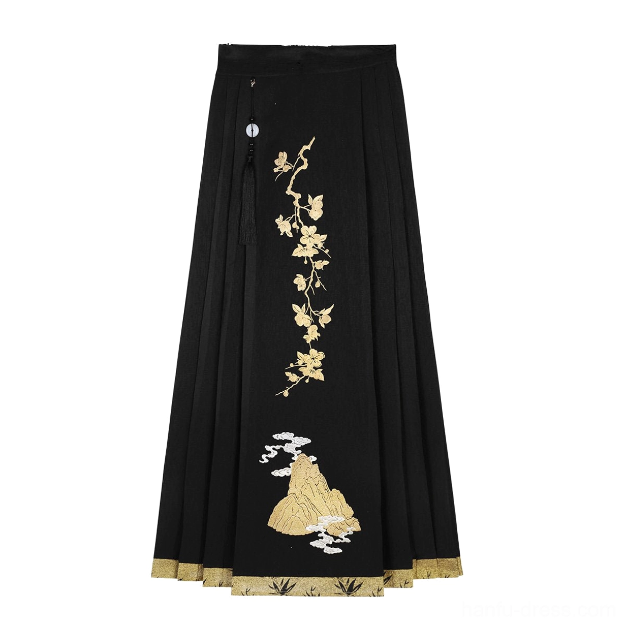 Black Yunshan Hanfu pleated maxi skirt with gold floral cloud and mountain embroidery, tasseled waist detail and fringed hem