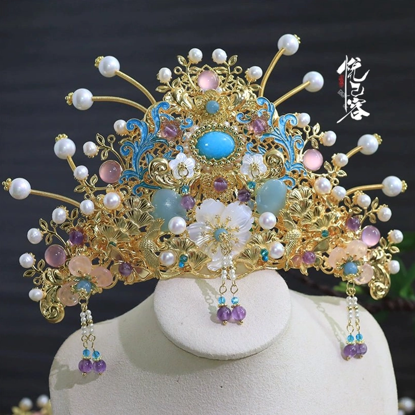 Close up of Yunyan blue cloisonne Hanfu crown headpiece with turquoise style center stone pearls and purple bead tassels