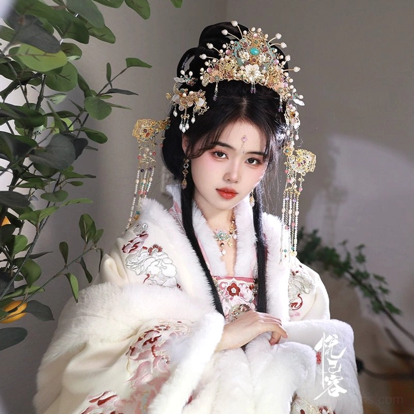 Side view of Yunyan Hanfu crown and matching blue pearl tassel hair accessories worn with embroidered traditional Chinese clothing
